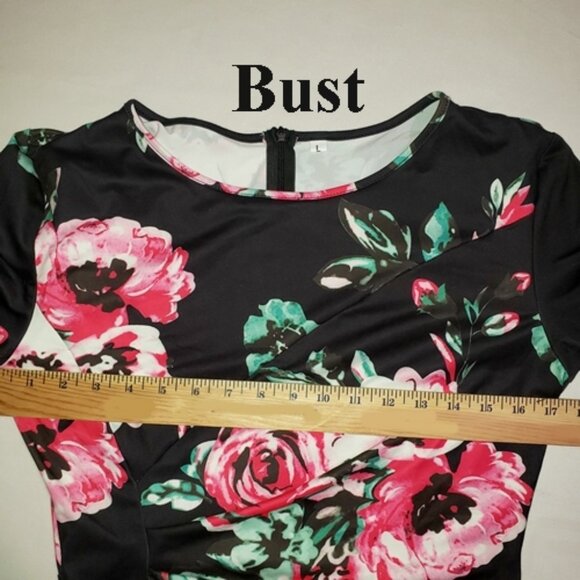 Dark/light pink roses on Black background side ruffle bodycon sexy dress size L - Picture 6 of 9